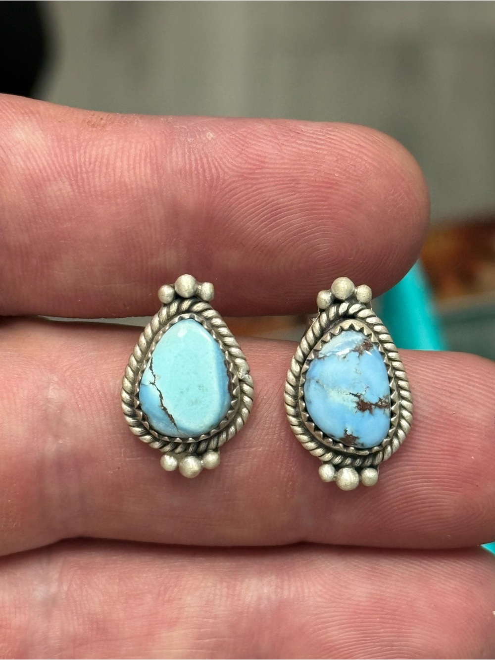 STERLING SILVER GOLDEN HILLS TURQUOISE TWIST BALL BEADED STUD EARRINGS .925 - Picture 10 of 13